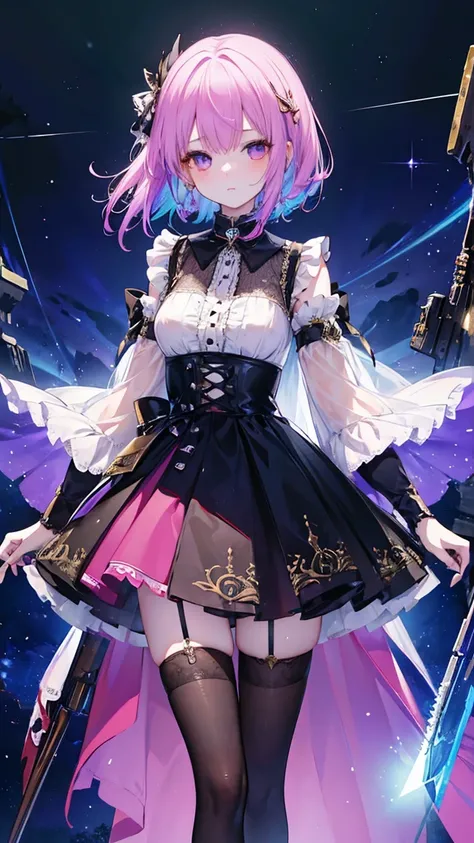 8 Surreal 8k CG，Fantasy，dream，Fantastic，sf，Charm，，Charm，Intricate details，18 year old girl in a chiffon dress，Highest quality，stockings，Cool Weapons，Colorful space background