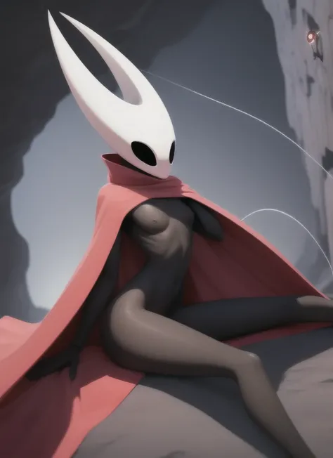 hornet, cute, chibi, bare feet, furry girl, anthro, thread, He lies with his legs spread apart, solo, beautiful sexy body, skinny, open red small cloak, medium breasts, medium hips,  (best quality), (detailed dark cave background:1.2), looking at viewer, f...