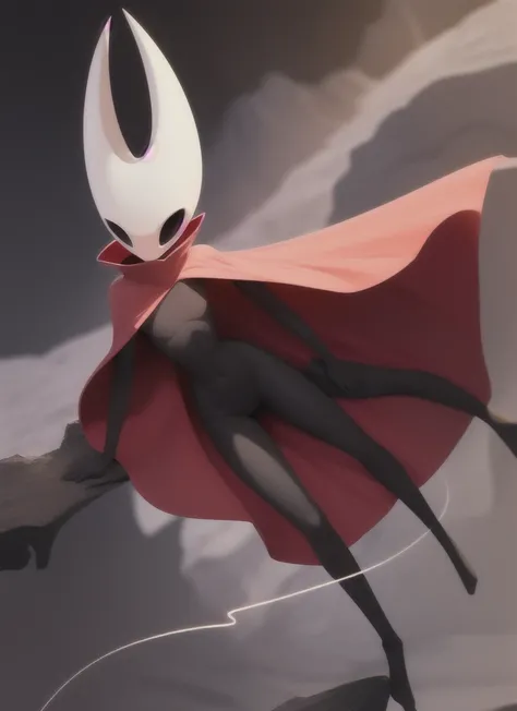 hornet, cute, chibi, bare feet, furry girl, anthro, thread, He lies with his legs spread apart, solo, beautiful sexy body, skinny, open red small cloak, medium breasts, medium hips,  (best quality), (detailed dark cave background:1.2), looking at viewer, f...