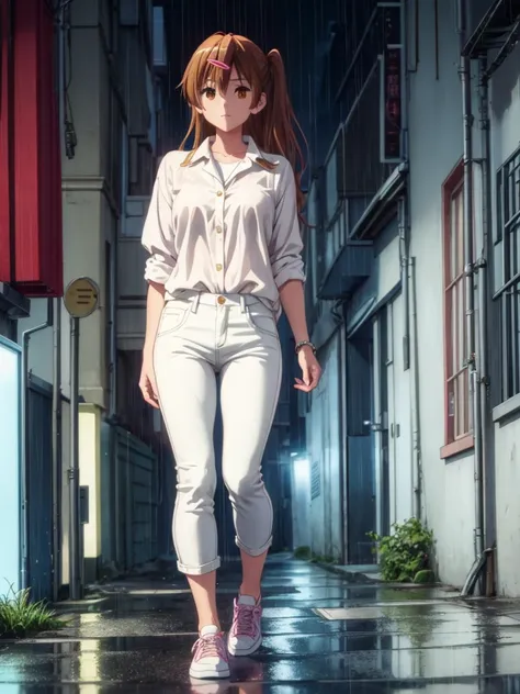 girl, white jeans, blue unbuttoned  blouse, street background, openlegs, night, narrow alley between houses, night, rain, sneake...