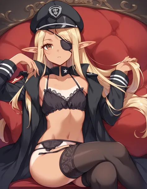 BREAK Perfect Anatomy、(High resolution:1.2)、Incredible illustrations、(Cute illustrations:1.2)、（Beautiful background）(nsfw) (Beautiful background,(on the couch))1gial((blonde hair,shiny hair,hair intakes:1.8,wavy long hair)(cockslut) (Black coat,Gothic comb...