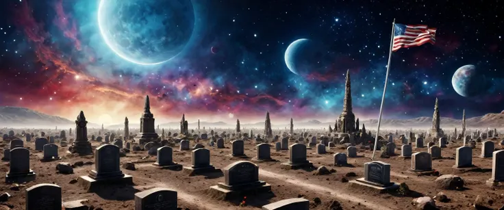 there is  a military graveyard built on the moon, many tombstones in rows (tombstones are identical in shape and color) and lines, ((there is 1flag being raised: 1.4)), in honor of the fallen. the graveyard is based on the moon, you can see the earth in th...