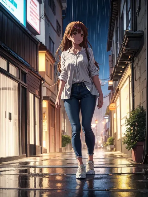 Girl, White jeans, Blue Unbuttoned  Blouse, street background, openlegs, night, Narrow alley between houses, night, rain, Sneakers