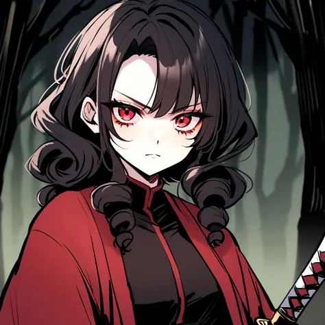 make me a female, 27yo, dark red haori, serious face, very short curly black hair, red eyes, dark forest background scenery, she has a katana