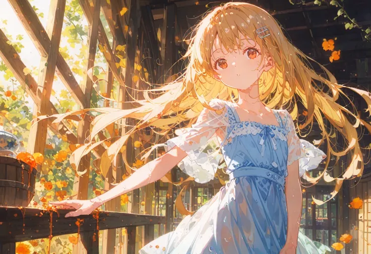 score_9,score_8_superior,score_7_superior,sauce_anime, Break 1 Girl, alone, shinosawa hiro, thin, Orange eyes, White eyelashes, Blonde, Long Hair, Hair Clip, , Flat Chest, slim, rib, Water Play, Dress Lift, Wet, See-through silhouette, sunlight, light, blo...