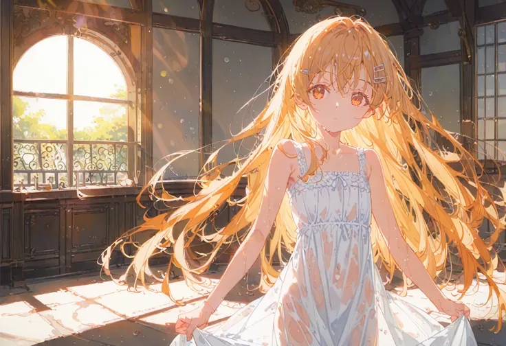 score_9,score_8_superior,score_7_superior,sauce_anime, Break 1 Girl, alone, shinosawa hiro, thin, Orange eyes, White eyelashes, Blonde, Long Hair, Hair Clip, , Flat Chest, slim, rib, Water Play, Dress Lift, Wet, See-through silhouette, sunlight, light, blo...