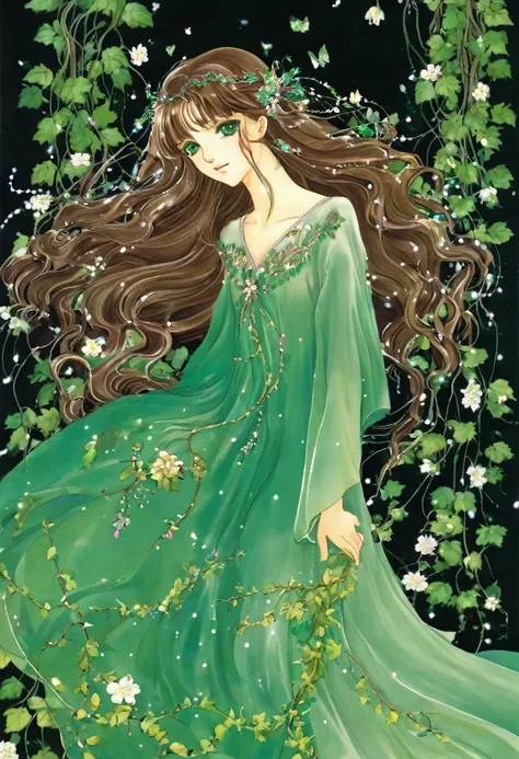 Generate a fantasy anime girl character with a gentle yet determined demeanor. She has waist-length chestnut brown hair that cascades in soft waves and bright emerald-green eyes that sparkle with curiosity. Dress her in a flowing, ethereal gown woven with ...