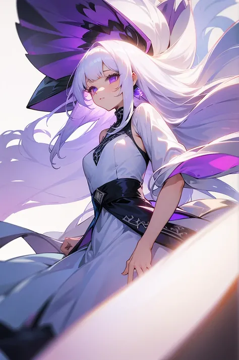 a girl with middle-long white hair, bangs, light purple eyes, promdress 