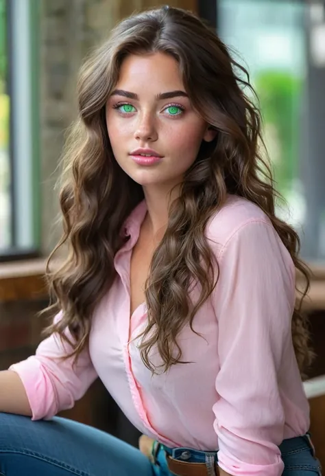 25 year old girl with targaryen style wavy ((long hair)), freckles, green eyes and brown hair Beautiful realistic , a 25 year old beautiful girl, brunette hair, (((bright green eyes))), youthful, big lips, small nose, thick eyebrows, round youthful cheeks,...