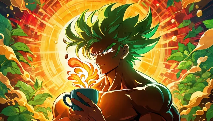 Create a vibrant, colorful image that represents the strength of coffee, in an anime style. In the center, place a steaming cup of coffee with a liquid of deep, rich color, emanating an energetic aura. Behind the cup, add a muscular country man style man, ...