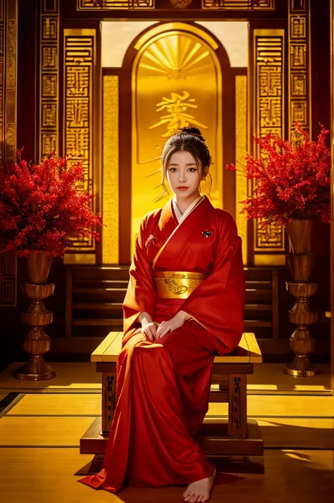 masterpiece, Highest quality、Red kimono、Cinematic atmosphere、Professional composition、Natural Body、fantasy,(sitting in front of a golden screen)、flower arrangement、tatami、looking at the camera、real、nature