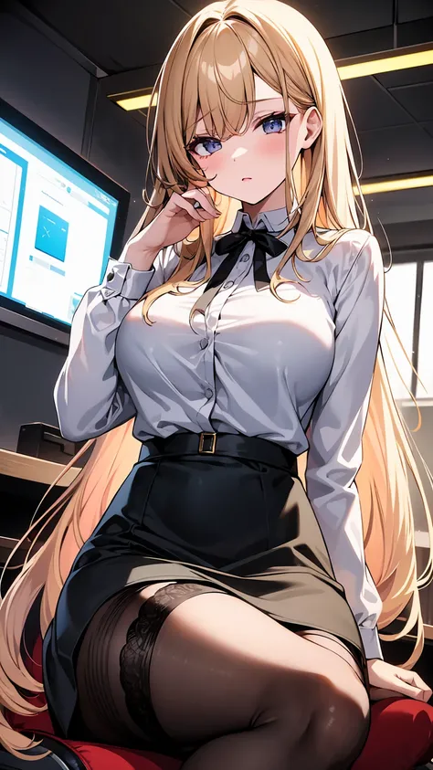 Best image quality、High resolution、masterpiece、super high quality、Adult women、White blouse、The blouse is transparent、A tight skirt、Very short tight skirt、office、Sit cross-legged on a chair、Gaming Chair、Gaming PC、Very big ass、Very large breasts 、4K quality、...