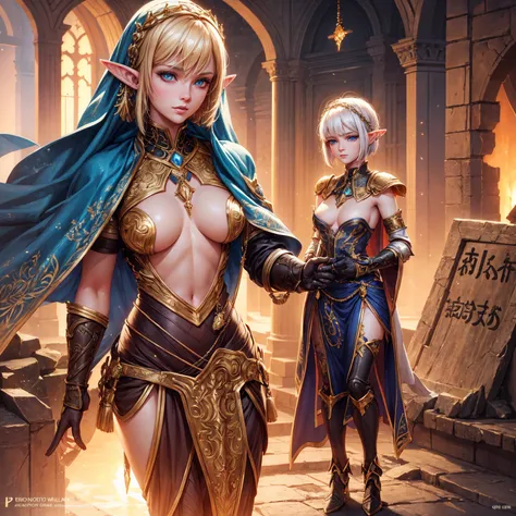 a woman, 1girl, elf, short bob gold hair, gold hair, very small breasts, long pointed ears, blue eyes, fair skin, happy face, heavy white armor plate,  full body, full body, night, graveyard, light magic, very sexy body, detailed face, beautiful detailed e...