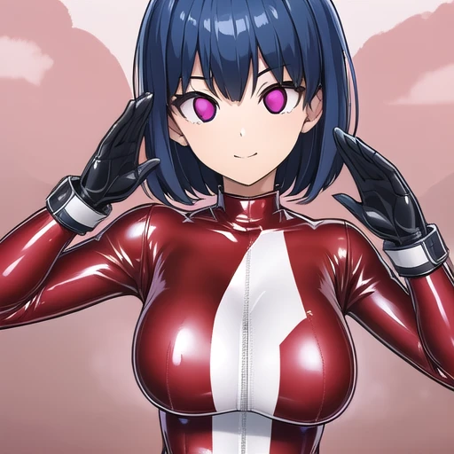 (((((Latex suit))))),smile,The whole body is covered in latex,One-handed salute,blue hair,(((One-handed salute)))