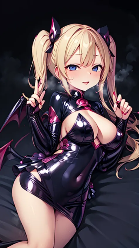 Erotic　Tall, big breasts, blonde, twin tails, pink ribbon, adult married woman, female executive in shiny purple rubber suit, red heart on black background, bedroom, dark theme, evil, temptation, excitement, condescending smile, sexy pose, upper body empha...