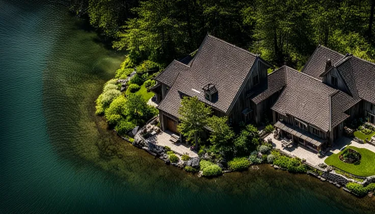 A house near the lake seen from above with a dark and shadowy forest surrounding the house