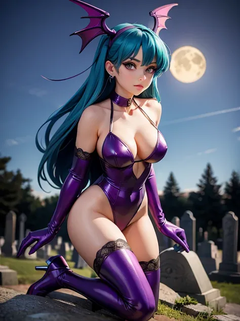 A woman in a purple and black outfit, morrigan aenlsand style, in the cemetery under the moonlight.