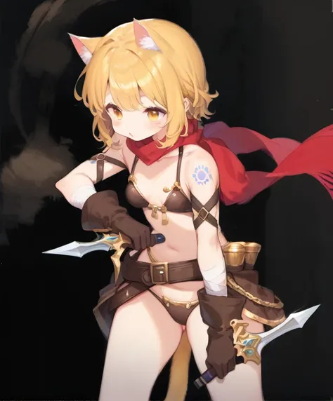 Cute  with short blond hair, cat ears and tail that match her hair color, orange eyes, wearing a red scarf, dressed like a brownish bandit, brown leather gloves on her hands, two daggers in her hands, ready for battle, she is 15 years old, the picture shou...