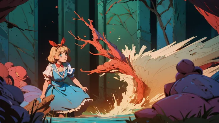 make an illustration of Alice from the movie "Alice in Wonderland" falling down the rabbit hole