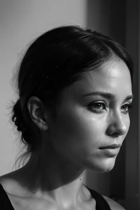 close up of beautiful 35 year old womans face, sad, side view, narrow face, black and white, solid background