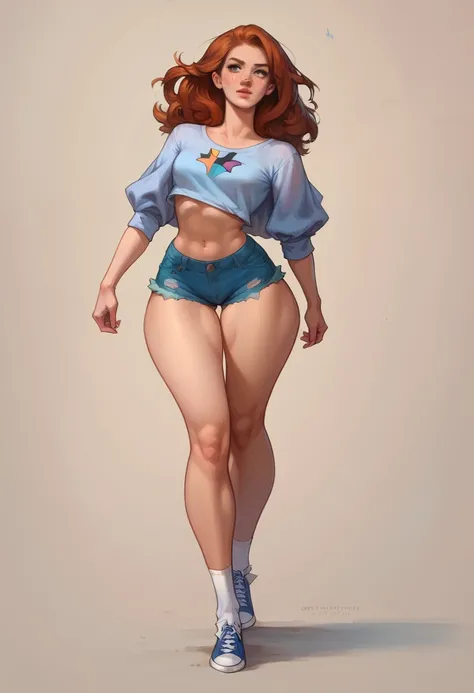 beautiful woman, (Barbara Gordon:1.2), with messy windblown auburn hair, hazel eyes, freckles, thighs, wide hips, (thin lips:1.1), tiny denim cutoffs, k3d5 shoes, simple background