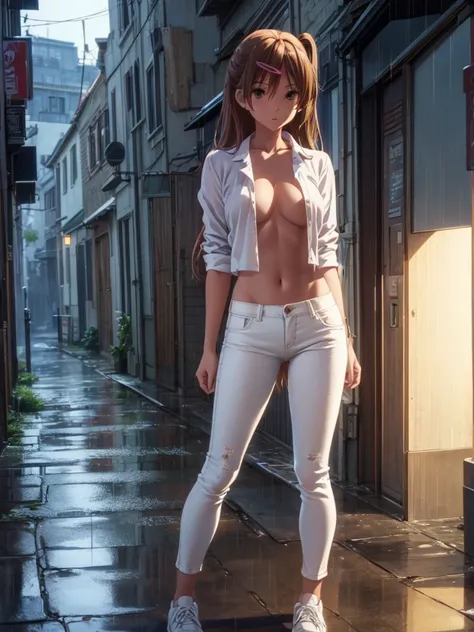 Girl, White jeans Low Rise , Blue Unbuttoned  Blouse, You can see her breasts,  street background, openlegs, night, Narrow alley between houses, night, rain, Sneakers, Bare chest, small breast, slim body, You can see the thong 