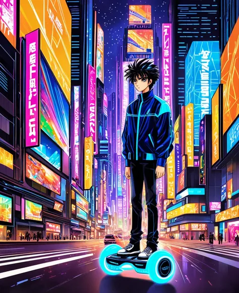 "Create an anime-style artwork featuring a young boy in a futuristic cityscape. He has short, spiky hair, wearing a sleek, high-tech jacket with glowing circuits. Hes standing on a hoverboard, zooming through the neon-lit streets filled with towering skysc...