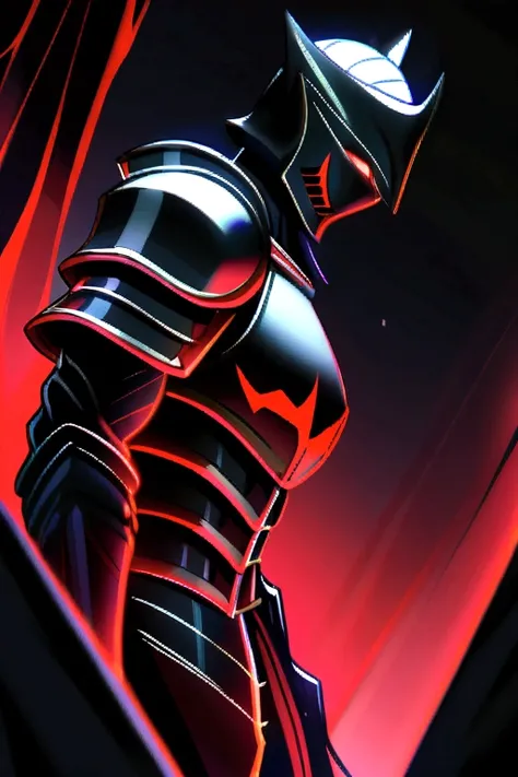 Templar knight with plate armor, black background in the dead of night aggressive red lights 