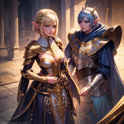 a girl, 1girl, elf, short bob gold hair, gold hair, very small breasts, long pointed ears, blue eyes, fair skin, happy face, heavy white armor plate,  full body, full body, night, dark graveyard, light magic, very sexy body, detailed face, beautiful detail...