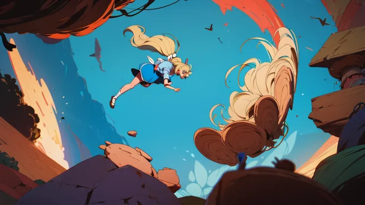 make an illustration of Alice from the movie "Alice in Wonderland" falling down the rabbit hole blonde alice