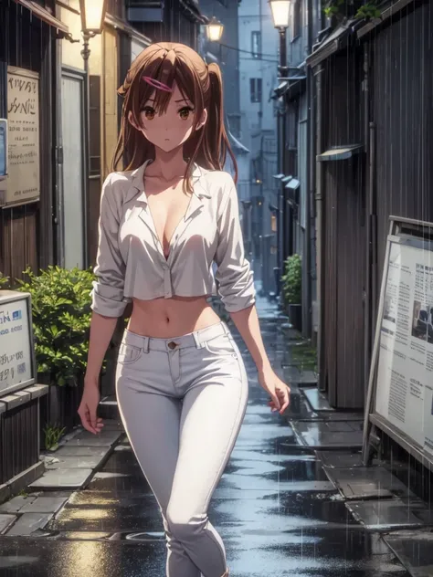 Girl, White jeans Low Rise , Blue Unbuttoned  Blouse, You can see her breasts,  street background, openlegs, night, Narrow alley between houses, night, rain, Sneakers, Bare chest, small breast, slim body, You can see the thong 