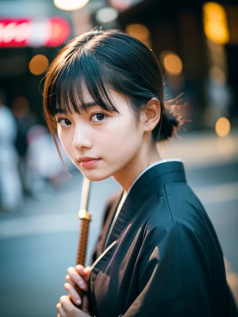 A baby faced, adorably cute Japanese girl, wearing a ronin samurai costume, unsheathing her katana sword, at the bustling street of edo period Tokyo at the dusk, realistic mouth, perfect eyes, thin lips, blushing cheeks, symmetrical face, bare face no make...