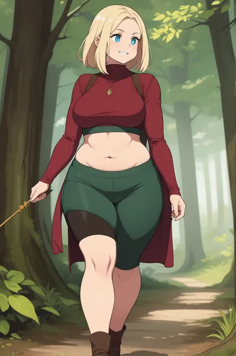 1woman, adventurer, medieval, walking through the forest , smiling, curvy, soft midriff, squishy midriff. squishy, soft. chubby midriff.