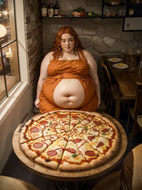 A Pov you are on a date, Pov happy and detailed photo of a cute ginger freckled SSBBW, with long wavy ginger hair, with big soft fat belly, small saggy breasts in a cute orange dress, sitting at a small table in a beautiful authentic italian restaurant at ...