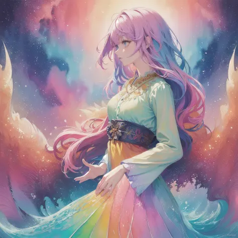 (masterpiece, top quality, best quality,watercolor (medium),official art, beautiful and aesthetic:1.2),(1girl:1.3), (fractal art:1.3),upper body, from side, looking at viewer,patterns,(rainbow color Hair,colorful hair,half blue and half pink hair:1.2),wate...