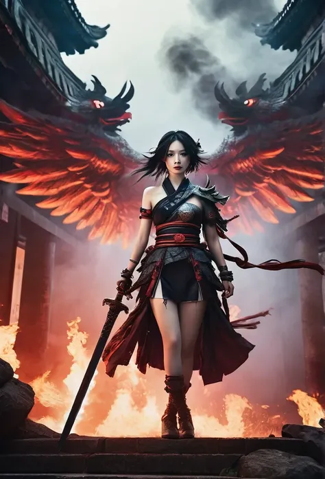 a blood girl, and a huge fire eagle, made of smoke, wearing a warrior outfit complete with armor floating around the ruins of an ancient temple, inspired by Japanese gods, carrying a huge divine sword, temple background, Japan, dark, horror vibes, gothic, ...