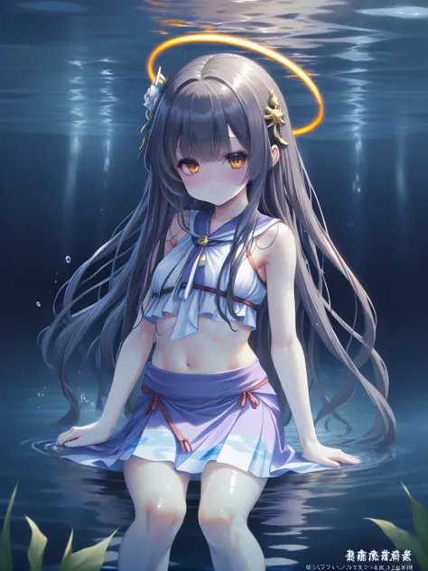  partially underwater, lakeの女神, Long Hair, Wet Hair,
lake,Dark Background, Blurred Edges,8-year-old、Flat Chest、skirt、Above the water line from the neck、Corpses in the water, Underwater Photography、浮力でskirtがめくれる、Halo