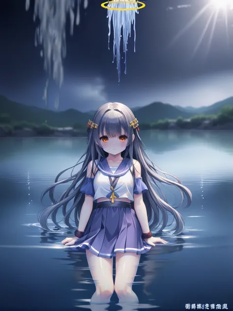  partially underwater, lakeの女神, Long Hair, Wet Hair,
lake,Dark Background, Blurred Edges,8-year-old、Flat Chest、skirt、Above the water line from the neck、Corpses in the water, Underwater Photography、浮力でskirtがめくれる、Halo