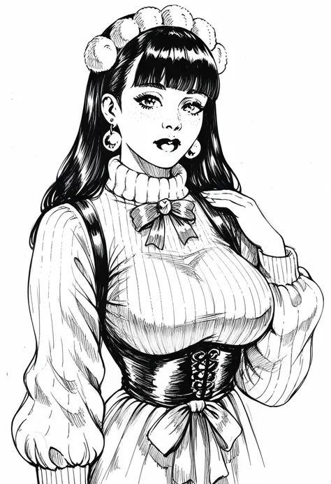 score_9, score_8_up, score_7_up, 1girl, sp1t, abundant detailed hatching shading, monochrome, big breasts, facing viewer, cozy outfit, white background, earring, neutral expression, straight hair, blunt bangs
