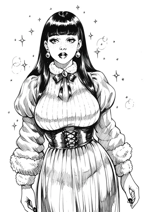 score_9, score_8_up, score_7_up, 1girl, sp1t, abundant detailed hatching shading, monochrome, big breasts, facing viewer, cozy outfit, white background, earring, neutral expression, straight hair, blunt bangs
