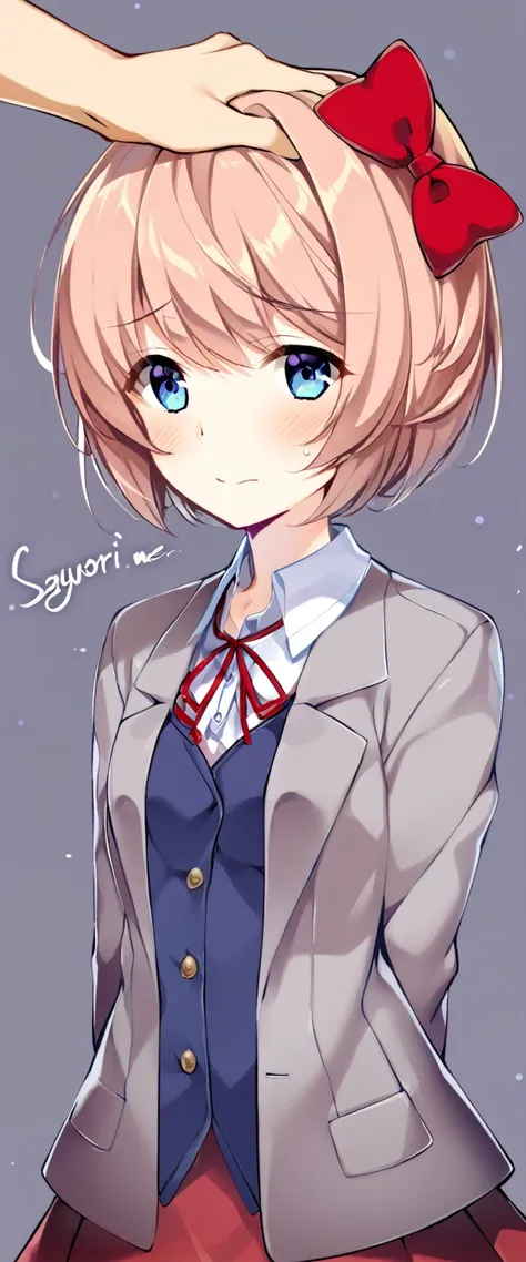 one girl, lovely, blazer, Sayori, my childhood friend, cute, short hair, blush, light blue eyes, hair bow, I stroke her head, look at me, my hand on her head, love me