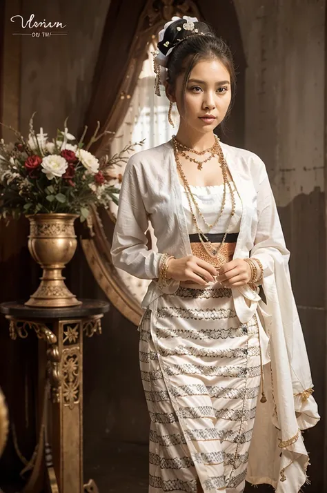 a woman in a white and gold dress standing next to a vase of flowers, sukhothai costume, wearing an ornate outfit, traditional dress, traditional beauty, wearing ornate clothing, traditional, traditional clothing, traditional clothes, traditional costume, ...