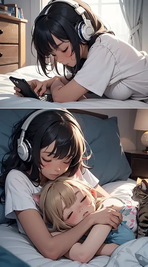 A cat and a girl are sleeping together on a bed. Her smartphone is left on the bed and she is wearing headphones.