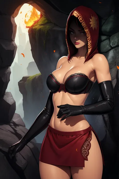 Dsorceress, shadowy face,dark cave, fire, hood, shadowed face, strapless bra, slim and athletic body, miniskirt, no panty, elbow gloves, dark skin, 1 girl (insanely detailed, masterpiece, best quality)