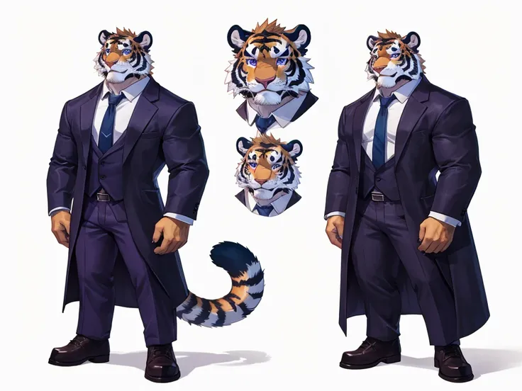 bara extremely handsome white furred tiger, wearing purple trench coat purple trousers and white dress shirt and necktie, white fluffy furry body and limbs, loafers, very tall, very broad shoulders, narrow waist, muscular, massive pecs, beautiful eyes, per...