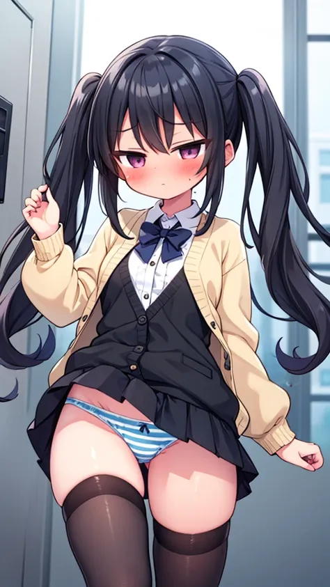 masterpiece, best quality, ultra detailed, 1girl, dark skin, twin tails, pleated skirt, thighhighs, cardigan, show striped panties, skirt fluttering in the wind, put hands hip, blush, aroused, 