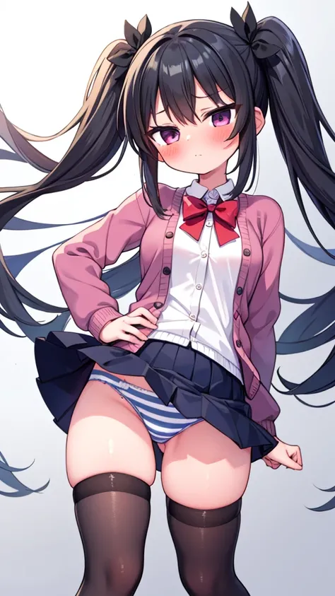 masterpiece, best quality, ultra detailed, 1girl, dark skin, twin tails, pleated skirt, thighhighs, cardigan, show striped panties, skirt fluttering in the wind, put hands hip, blush, aroused, 