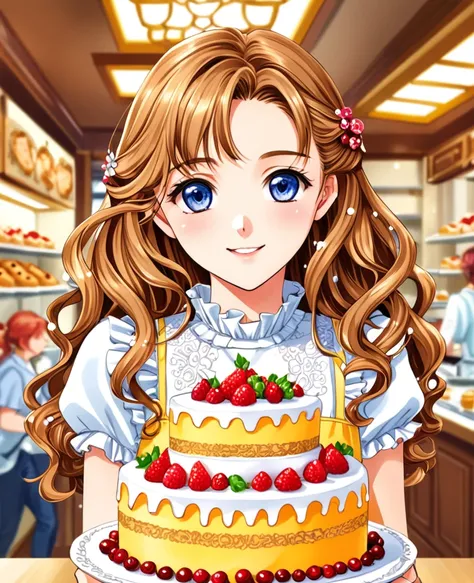 "Create an anime-style close-up artwork of a young girl with detailed, high-quality eyes. She has long, wavy hair and wears a cute, frilly dress. Her eyes should be the focal point, reflecting the joy and excitement as she holds a beautifully decorated cak...