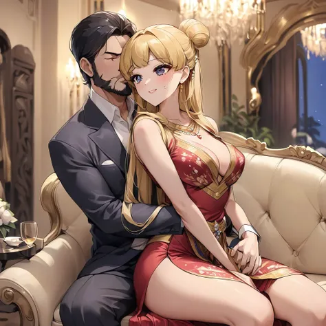 ((Highest quality)), ((masterpiece)), (detailed), （Perfect Face）、The woman is being held by her beautiful, grown-up Thai daughter.、Mother and daughter、The woman is a Thai woman named Tsukino Usagi, and is in a luxurious Thai mansion, wearing a gorgeous, gl...