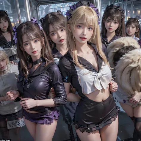 8K resolution, surreal, Super detailed, high quality, perfect anatomy, perfect proportion, masterpiece, nsfw++, 
((((((A group photo in crowded train at night, 6 girls, group photo)))))), 
(((((purple, black face mask, sailor collar, sailor uniform, Lace, ...